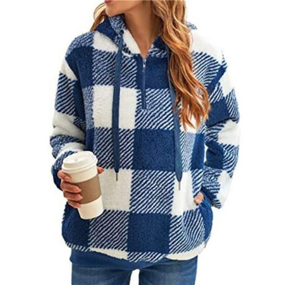 Full Size Plaid Sherpa Drawstring Hoodie Plus Size